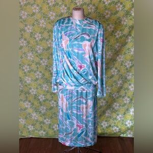 Vintage 80s 90s Chez Tandy Drop Waist Midi Dress Artsy Pleated 18W Teal Pink